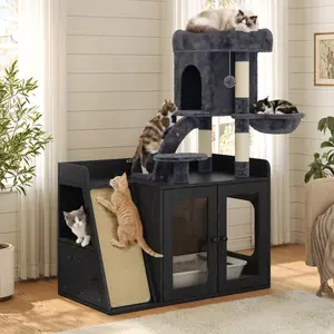 【Sub 1 packages】Niccae Litter Box Enclosure with Cat Tree, Hidden Litter Box with LED Light, Sisal Scratching Board and Storage Space, Modular Litter Box Furniture with Condo and Platform, All-in-one Cat Tower