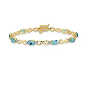 Genuine Swiss Blue Topaz Diamond Infinity Bracelet 14K Gold