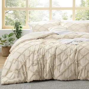 Boho Comforter King - Beige Tufted King Size Comforter, 3 Farmhouse Embroidery, Fluffy Geometric Pattern for Seasons
