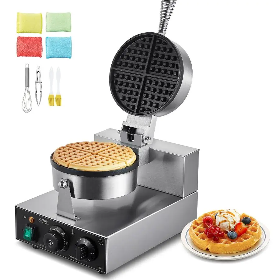 1230W Commercial Stainless Steel Non-Stick Round Belgian Waffle Maker - 1230W Power, Round Shape, Temperature Controller, Ergonomic Handle, for Restaurant & Family Use, Wafer Maker