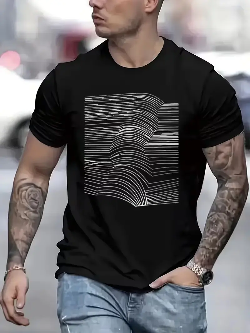 Men's Cotton Short Sleeve T-Shirt - Tech-Themed Round Neck, Contour Line Lettering, Applique, Regular Fit, Machine Washable, Non-Summer-Suitable, Office & Casual Wardrobe Staple graphic men tees trendy men graphic tees cotton top campingessentials