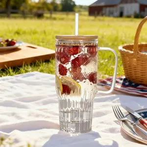 32oz Vintage Glass Cup with Handle with Bamboo Lids and Straws - Borosilicate Glass Tumbler for Hot and Cold drinks Bottle Mug, Bottle, Drinkware, Portable, Bottled, Reusable and Washable