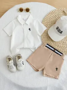 Summer Baby Boy Lapel Short Sleeve Shirt Shorts Set, Embroidered Gentleman Style, Comfortable Elastic Waist, Casual Daily Wear