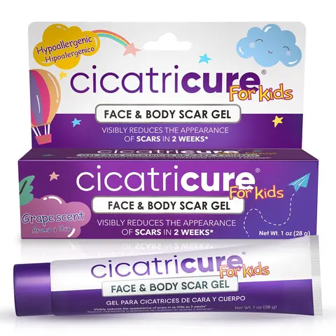 CICATRICURE Advanced Scar Gel for Kids, Single Pack, Proven Results in 2 Weeks, Helps to reduce Size, Color, and Texture of Scars, Scar Gel for Face and Body, Hypoallergenic Scar Cream, Grape Scent, 1 oz