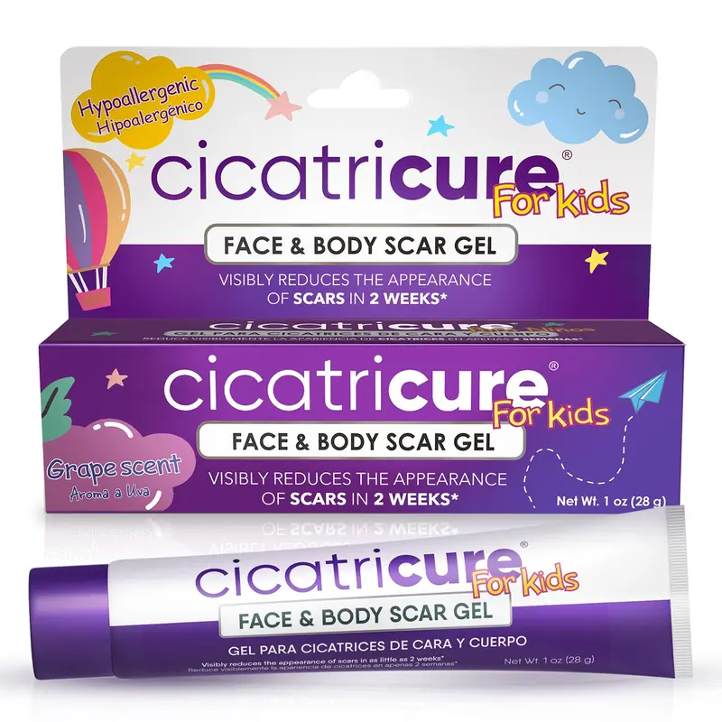 CICATRICURE Advanced Scar Gel for Kids, Single Pack, Proven Results in 2 Weeks, Helps to reduce Size, Color, and Texture of Scars, Scar Gel for Face and Body, Hypoallergenic Scar Cream, Grape Scent, 1 oz