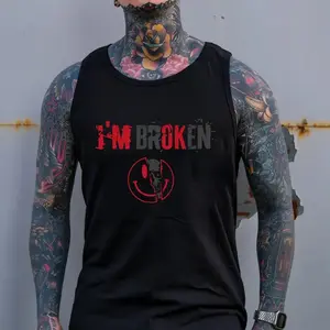 Men's Slim-Fitting Cotton Round Neck Graphic Tank Top - Fabric Clothes, I'M BROKEN Skull Print, Lightweight Street Casual Undershirt, Graphic Men's Tanks