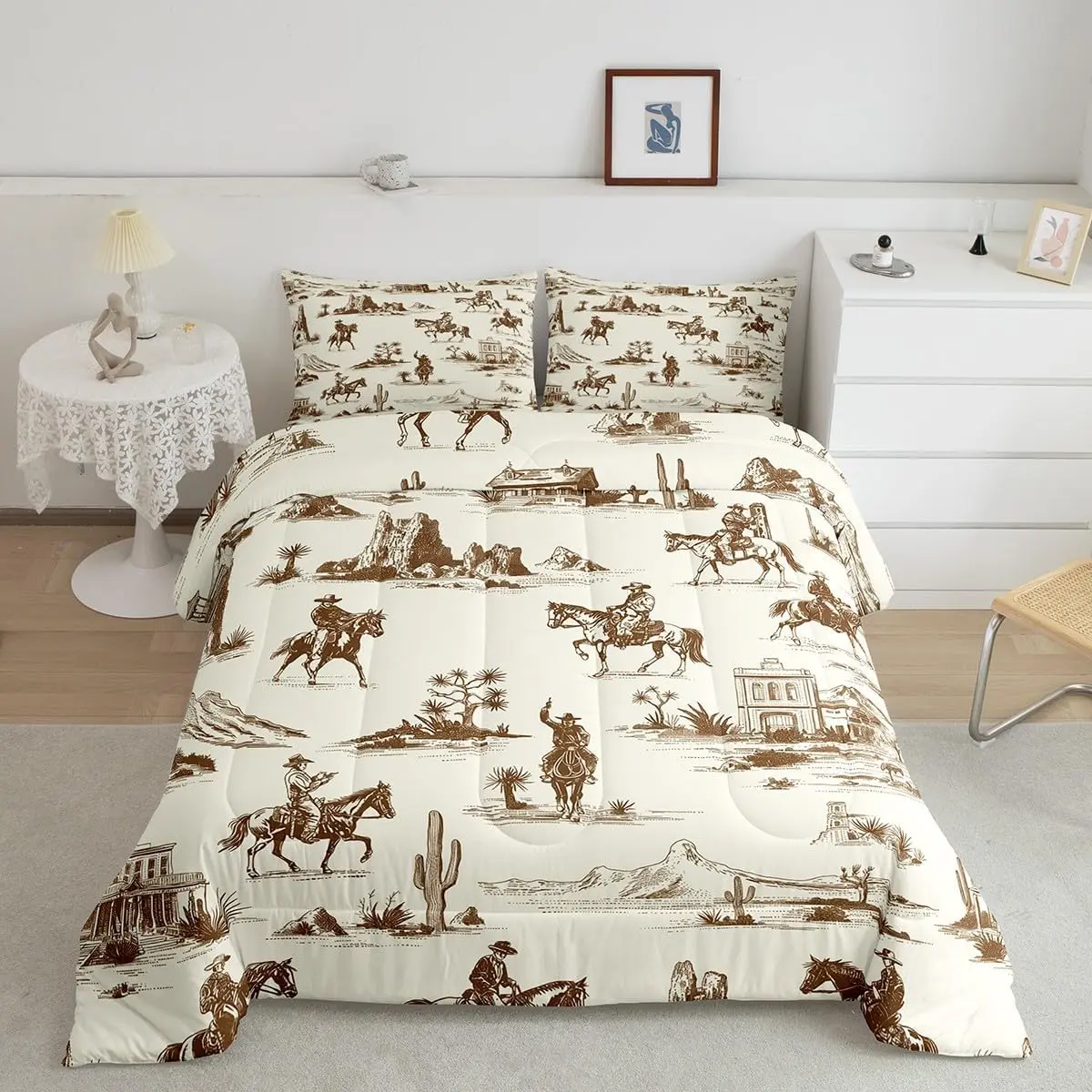 Feelyou Western Cowboy Printed Quilt Set - Hand-Drawn Wild West Desert Sketch, Rustic Country All-Seasons Queen Comforter, Travel-Friendly Decorative Bedsheet, Unique Comfy Bedroom Decor