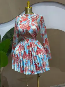 PULKRITU Women, Womenswear, Feminine Leaf Print Long Sleeve O-Neck Wrap Front Pleated Dress, Style, Sexy Fitted Design for Elegant Romatic Occasions, Perfect for Parties & Birthdays Dresses, A-line Mini Dresses, Holiday Beach Clothing