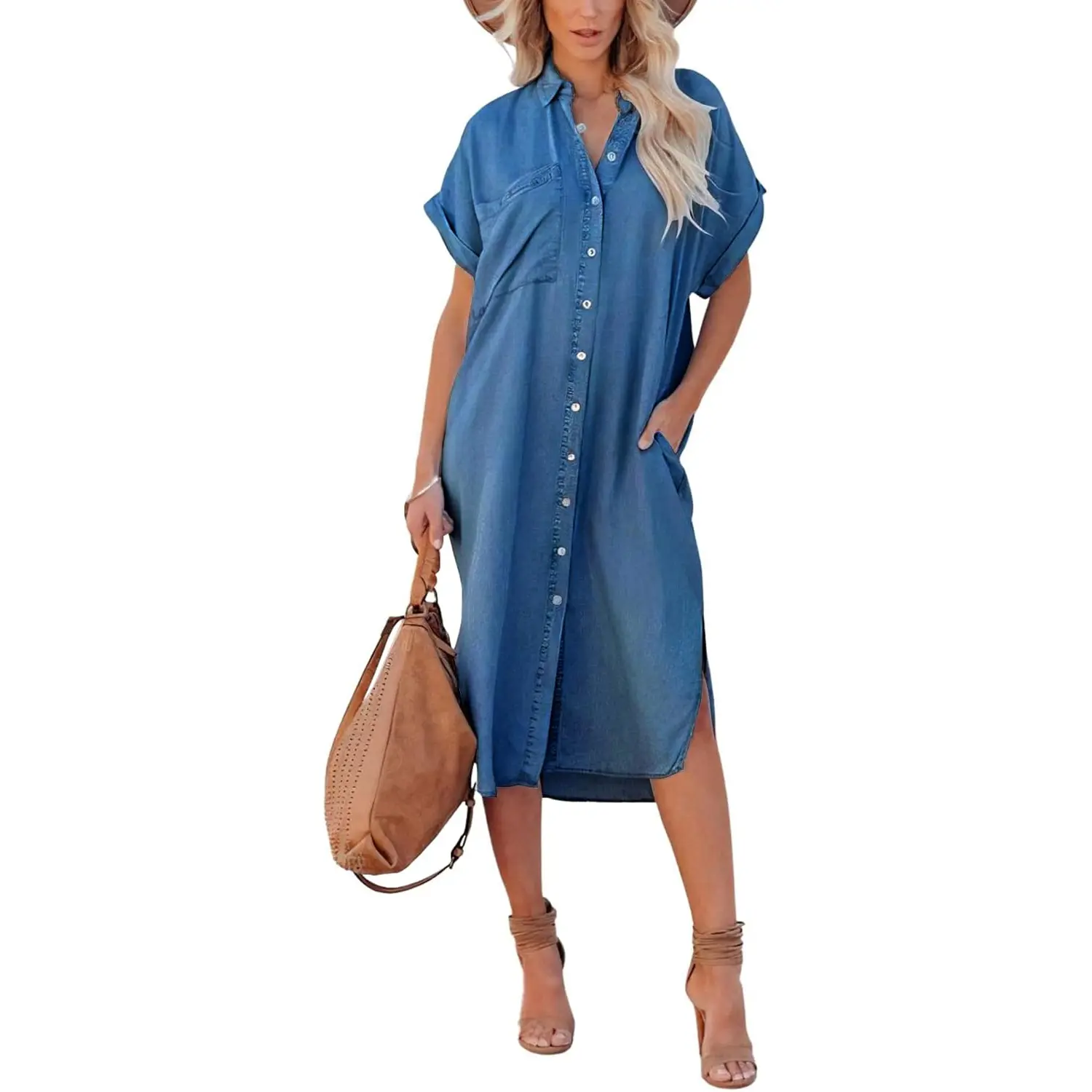 Chouyatou Women's Minimalist Basic Casual Summer Batwing Shortsleeve Loose Midi Denim Shirt Dress with Hand Pockets, Denim Dresses, Collared