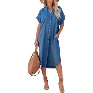 Chouyatou Women's Summer Loose Hand Pocket Midi Long Tunic Denim Shirt Dress Comfort