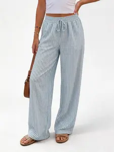 IDEALSANXUN Women's Striped Wide-Leg Bottoms - Lightweight Loose Fabric Pants, Elastic Waist with Drawstring, Pockets, Spring Summer Casual Outfits for Hispanic Women Layered Mesh Stripe summerwins