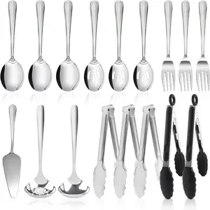 17PCS Stainless Steel Serving Utensils Set Flatware, Large Serving Spoons Slotted Spoons Forks Tongs Cake Server Soup Skimmer Spoon for Buffet Catering Party Dinner Silver