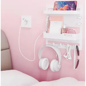 Bedside Wall Organizer for Dorm Bed,Rv,Small Room and Nightstand,Wall Mounted Floating Shelves and Bedside Shelf for Remote,Phone Holder, Shelf,Cute Bedroom Decor for College Girl,White