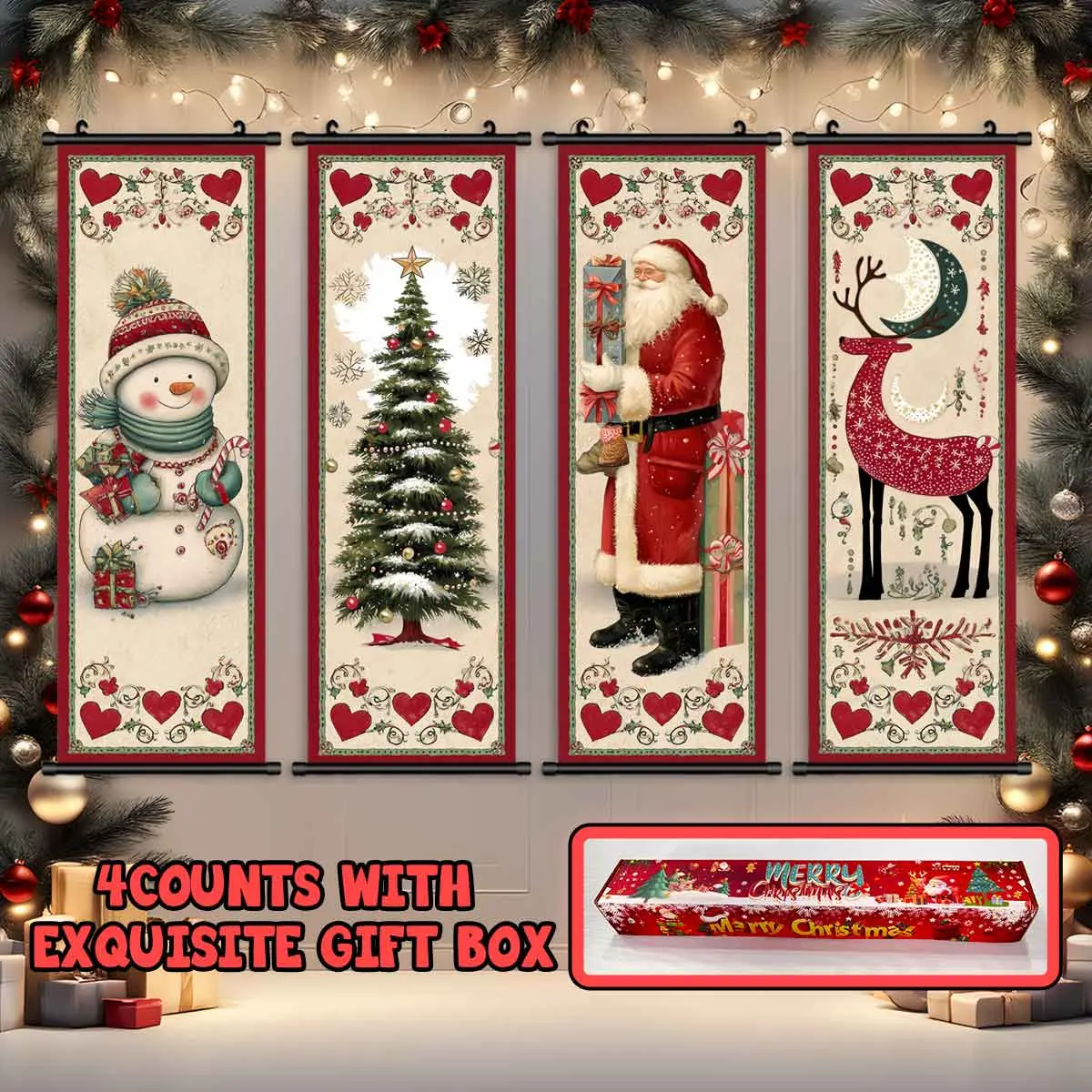 4-Piece Christmas Wall Art Set, Santa Claus & Snowman Designs, Modern Festive Decorations, High-Quality Prints, Perfect Gift Box Included