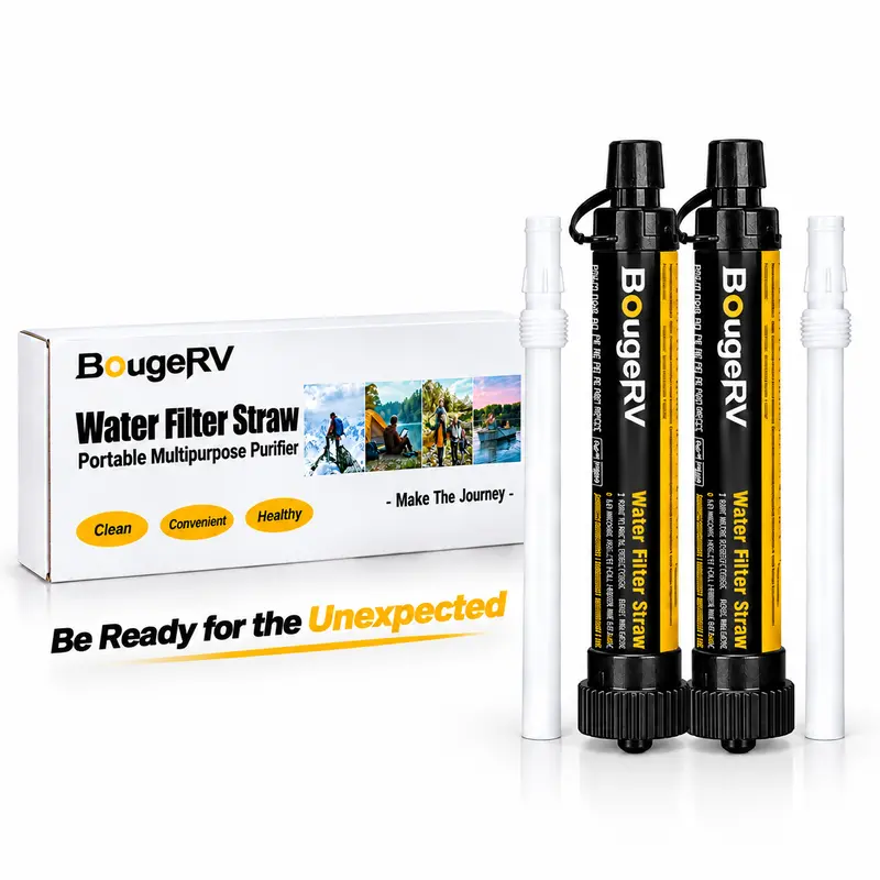 BougeRV 2 Counts/Set Portable Emergency Water Straw Filter - Lightweight Compact FDA-Certified Unisex Survival Gear, Transparent All-Terrain Reliability Tool for Hikers, Chlorine Removal, Disinfection, Crystal-Clear Results