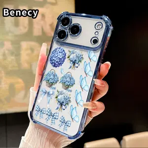 Phone Case for iPhone 17 Pro Max 16 15 Plus Air 14 13 12 11 E Blue Hydrangea Reverie Pattern Four-corner Thickened Anti-drop Protective Silicone Cover Gift