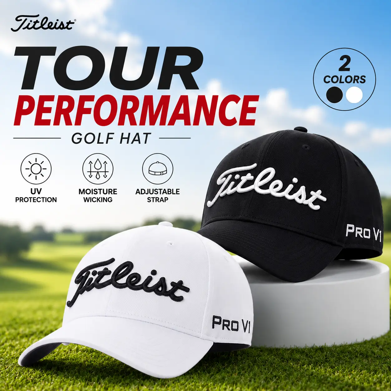 Titleist Tour Performance Men's Golf Hat Pro V1 | Black & White | Adjustable Strap | UV Protection | Golf & Outdoor Activities