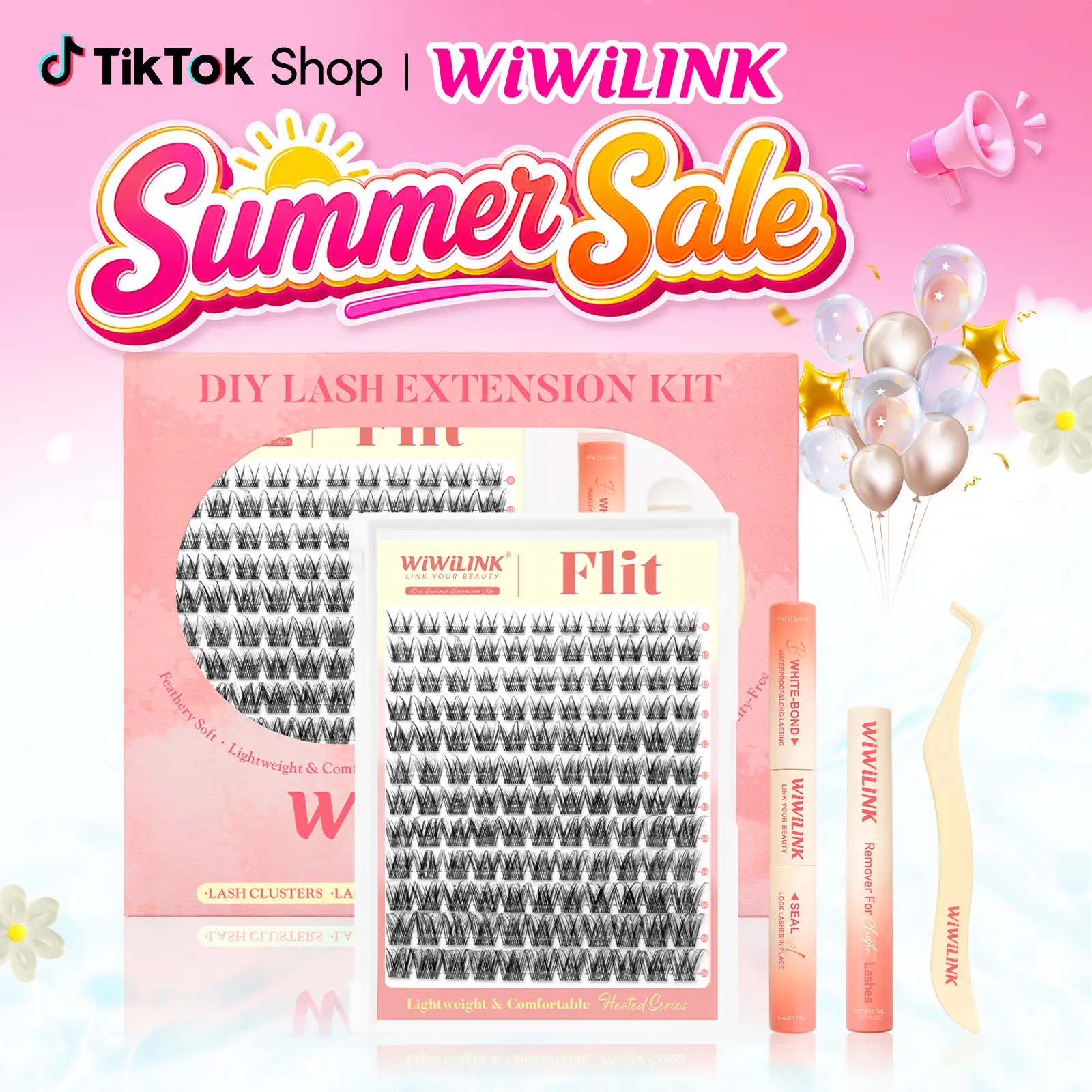 WiWiLINK Flit 3D Cluster Lashes - DIY Lash Extension Kit Ultra-Thin Transparent Bands, C/D Curl, 8-16mm (Includes Bond, Seal & Remover)