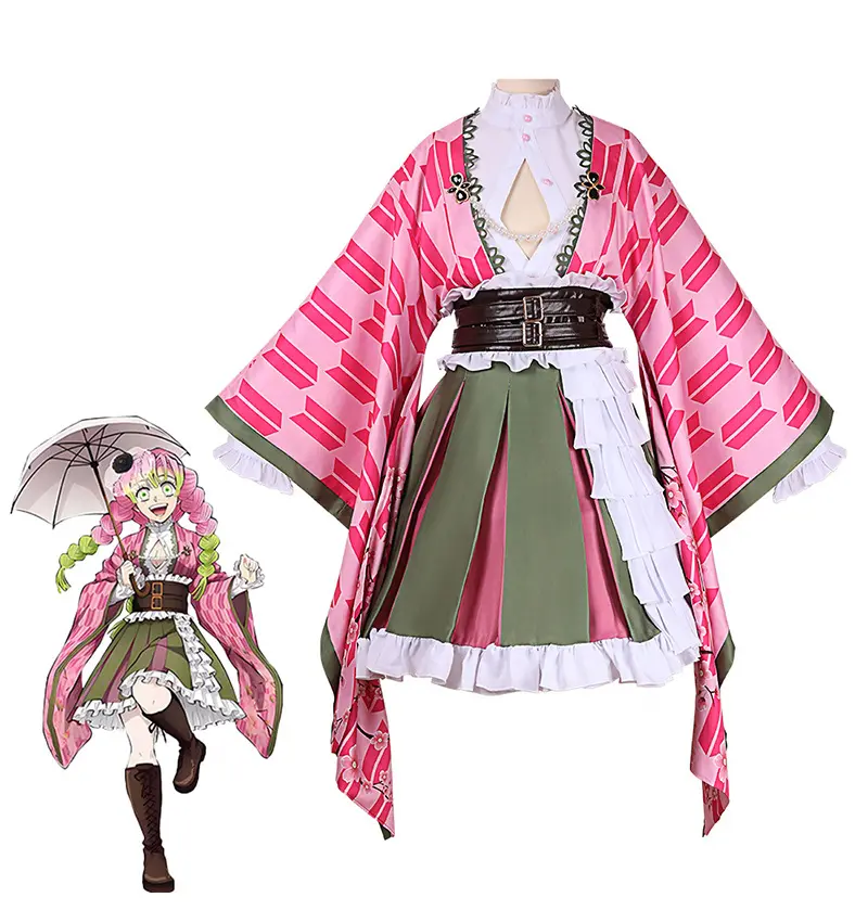 Women's Demon Slayer Mitsuri Kanroji Cosplay Full Set - Pink Floral Japanese Kimono Lolita Dress, Anime Stage Outfit, Includes Wig (Flash Sale), Full Set + Wig