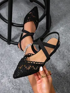 Women's Plain Lace Mesh Mules, Pointed Toe Flat Sandals, Casual Outdoor Wear, Comfortable Slip-On Shoes for Daily Use