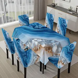 5/7-piece 2D Flat Printing Blue and White Agate Texture Printing Pattern Tablecloth and Dining Chair Slipcover Set, for dining table and chair decoration, perfect for home, holiday gatherings, restaurants, and parties.