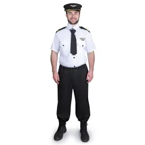 Pilot Costume Dress For Adults - White Uniform Shirt with Tie, Navy Pants & Cap - Boys Costume For Career Day, Role Play, Pretend Play Fun, Theme Party & Cosplay - Menswear