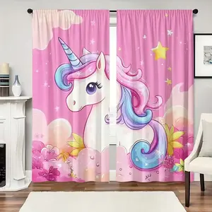 Polyester Drapes Set, HD Digital Print Unicorn Pattern, Light Filtering Curtains for Bedroom Living Room Office Home Decor