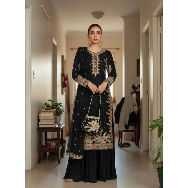 DESIGNER GEORGETTE EMBROIDERY SEQUENCE WORK WITH PERAL MOTI HAND WORK TOP PALAZZO WITH DUPATTA BLACK