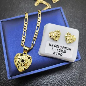 14K Gold Plated Brass Golden Nugget Heart Pendant & 4mm 20" Figaro Necklace & Stud Fashion Earring Earrings Gift Set Daily Birthday Engagement Wedding Anniversary Unisex Men Women
