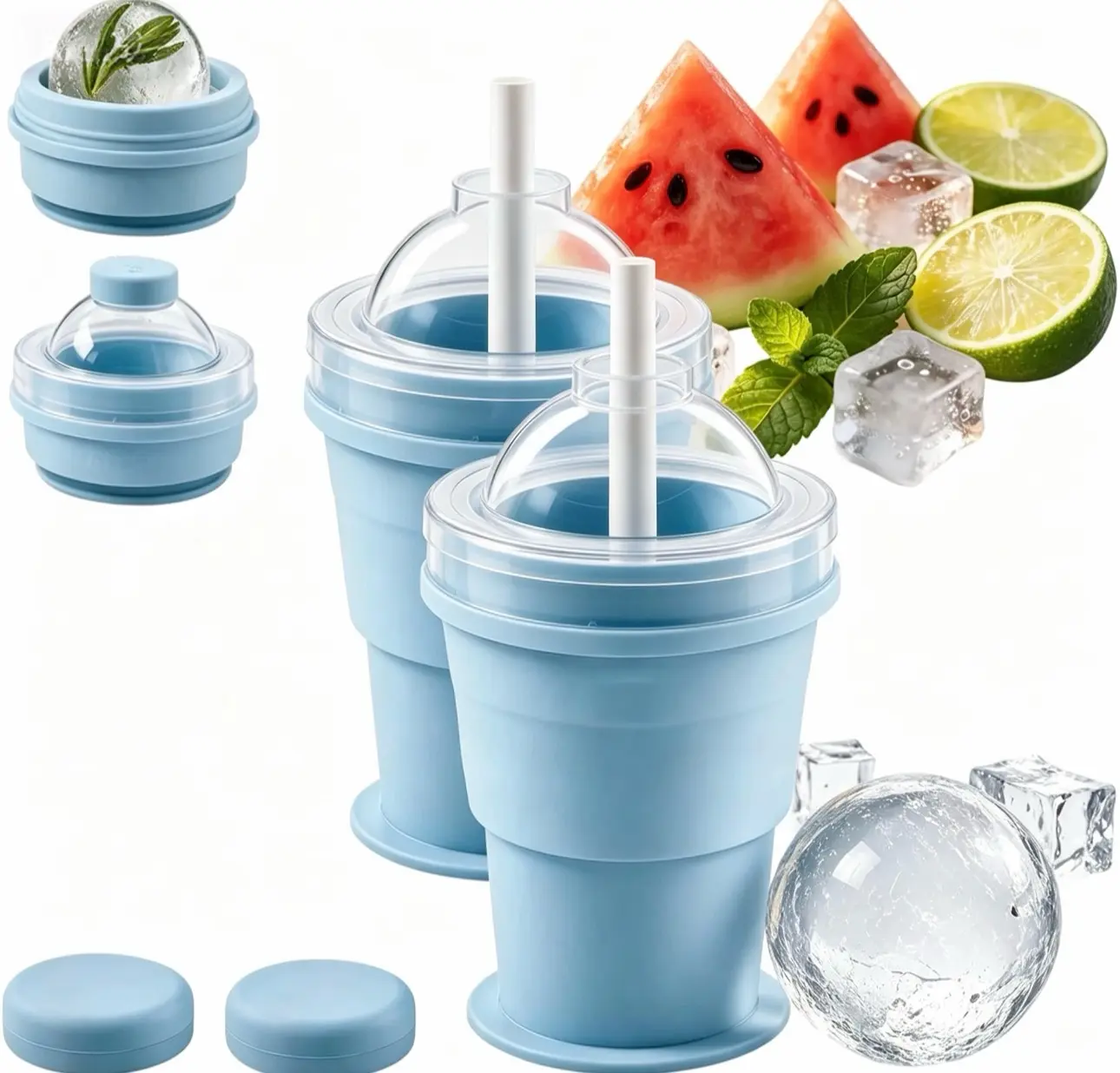 2-in-1 Collapsible Silicone Ice Ball Maker Cup Utensils - Flexible Leakproof Portable Travel Tumbler with Lid & Straw, Reusable Sphere Mold for Whiskey, Cocktails, Summer Drinks