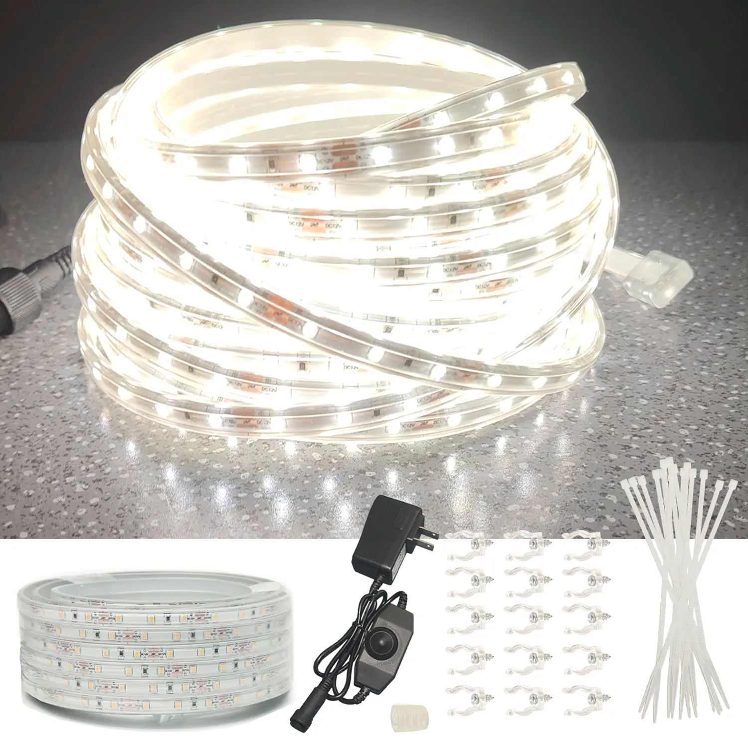 33ft Waterproof LED Rope Light, Dimmable LED Strip Lights, Bright White Outdoor Lighting for Patio, Garden, Easy DIY Installation Home & Festive Decorations, Dimmable Led Lighting
