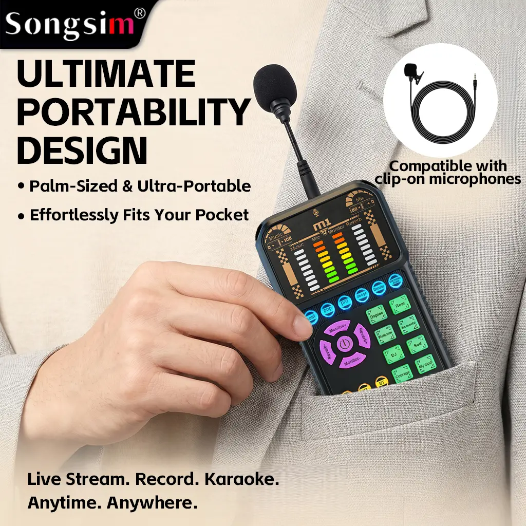 Songsim-M1 handheld sound card—a portable, multifunctional podcasting device. Plug-and-play, suitable for streaming, podcasting, online broadcasting, outdoor live streaming, voice chat, and studio use.