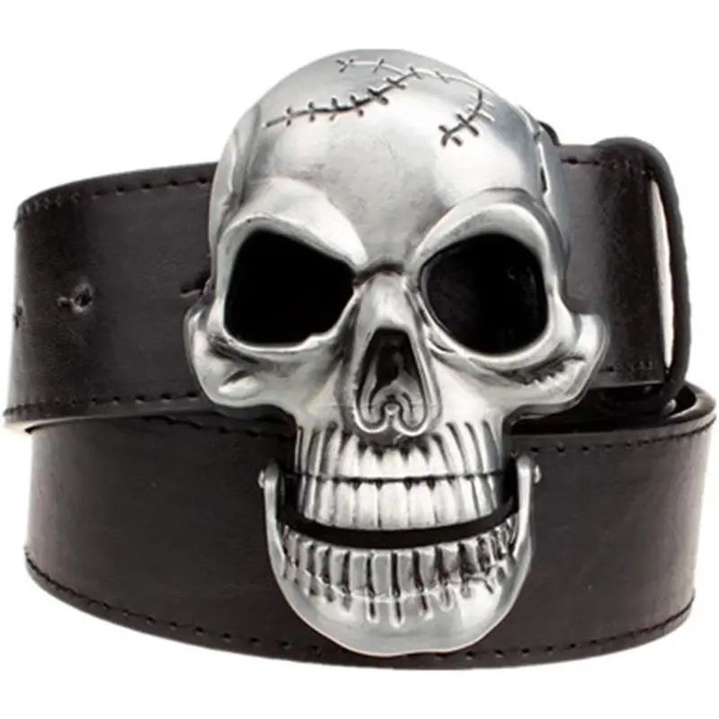 Fashion Men Skull  Leather Buckle Belt  Band Jeans Decorative Punk Belt Black