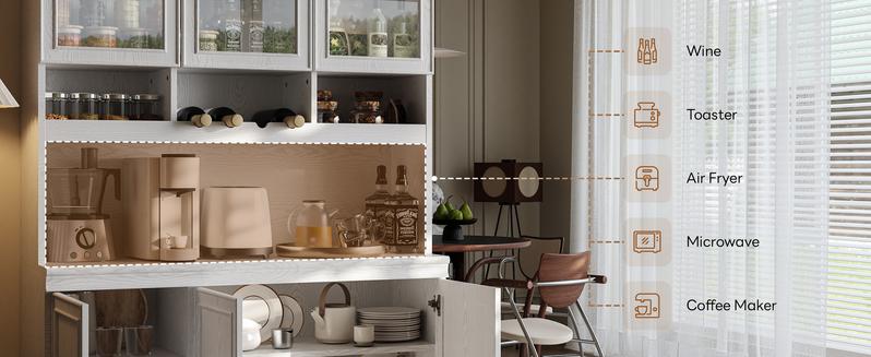 LIKIMIO 74.8" Cabinet with Glass Doors, Tall Kitchen Pantry, Storage Cabinet with Microwave Stand, 4 Adjustable Shelves, Wine & Glass Station, Modern Display Cabinet for Home Living Room