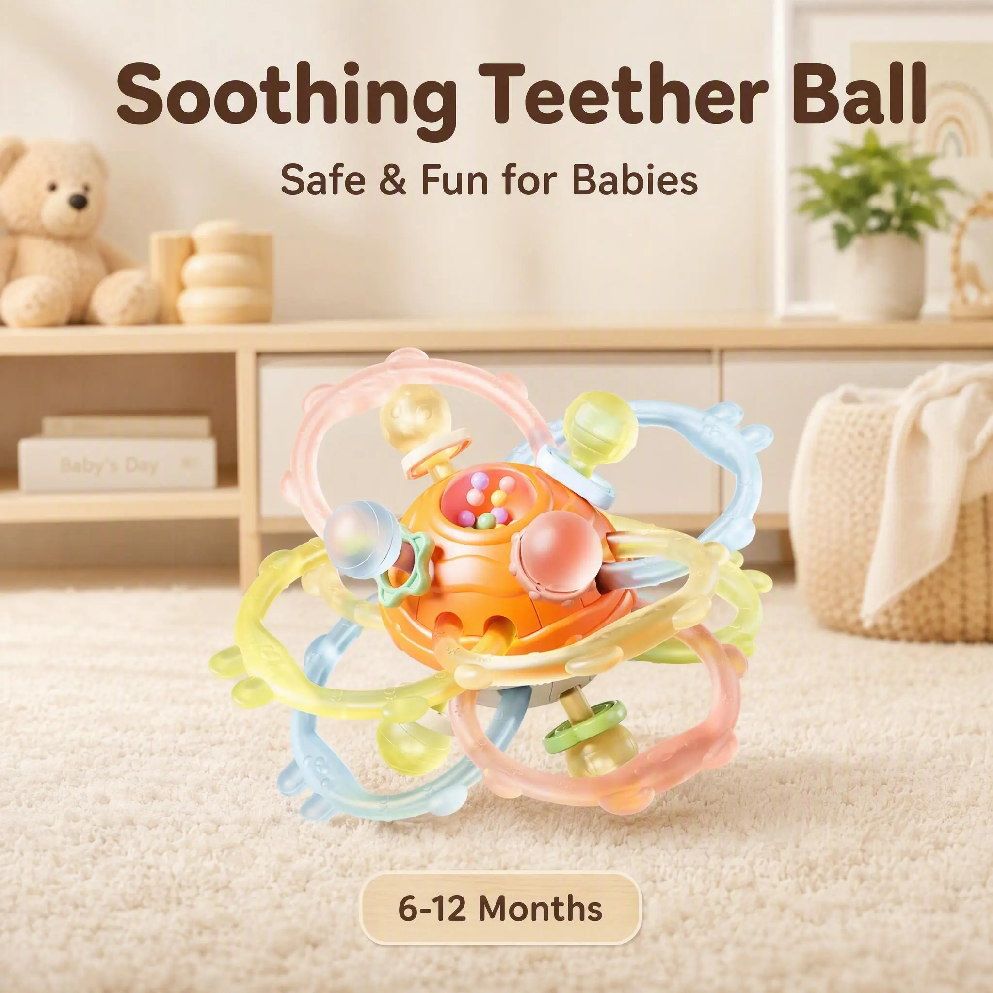 Manhattan-Style Soft Silicone Rattle Ball Teether - Grasp-Friendly Teething Aid for 6-12 Months Unisex Infants, Classic Novelty Stress Relief Toy