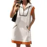 Fisoew Lady's Stylish Polyester Collared Summer Sleeveless Half-Zip Contrast Loose Sundress, Stylish Women's Wear Casual Dress, Sundress for Women for Vacation #Summerwins #DealsForYouDays, Casual Wear, Women's Clothes, Golf