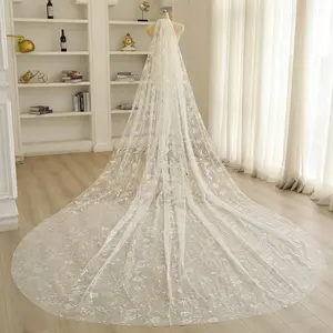 Sparkle Floral Cathedral Wedding Veil: Silver Glittery Bridal Veil