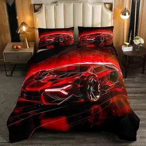 3-piece Red Racing Car Quilted Bedding Set, Soft and Breathable Digital Print Polyester Bedding (1 quilt + 2 pillowcases, without pillow inserts). The quilt contains 200gsm filling and is made with U-shaped quilting. Suitable for bedroom, dormitory, and h
