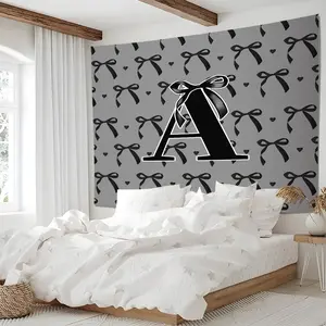 Black Bow Letter A-Z Tapestry Wall Hanging, Coquette Style Custom Initial Tapestries, Ribbon Print Wall Blanket, Cute Girly Backdrop Decor for Bedroom & Living Room, Aesthetic Wall Art