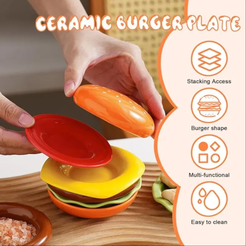 Set D'Assiettes Hamburger - Vaisselle Céramique Forme Burger Empilable 6 Niveaux Pour Fêtes Et Repas Quotidiens