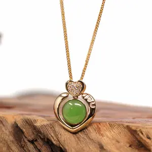 Baikalla™ " I♡U " 14K Gold Genuine Nephrite Green Jade Heart Shape Pendant Necklace With VS1 Diamonds