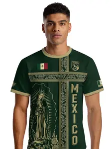 Mexico Soccer Jersey Gold Guadalupe Cross Design, Fitted Sporty Style for All Seasons, Long Length with Ethnic Pattern, Jersey Shirts