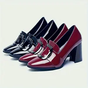 Elegant Solid Color Block High Heels Women's Fashionable Slip On All-Match Formal Dress Shoes Pumps Footwear Stylish Girl Classy Classic Heeled Leather Black Decor Patent Leather Casual Shoes with Large Sleek Buckle Detail