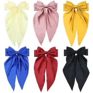 6 Pack Satin Big Large Hair Bows for Women Oversized Giant Bow Hair Clips French Barrette with Long Silky Ribbon Tail Lady Hairpin Ponytail Holder Bowknot Hair Accessories