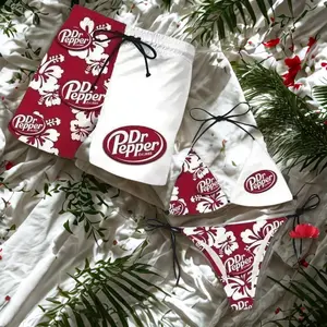 Dr Pepper Floral Matching Couples Swimwear Set, Iconic Beverage Graphics, Women's Adjustable Tie-Side Thong Bikini & Men's Hawaiian Beach Swim Shorts for Summer Vacation