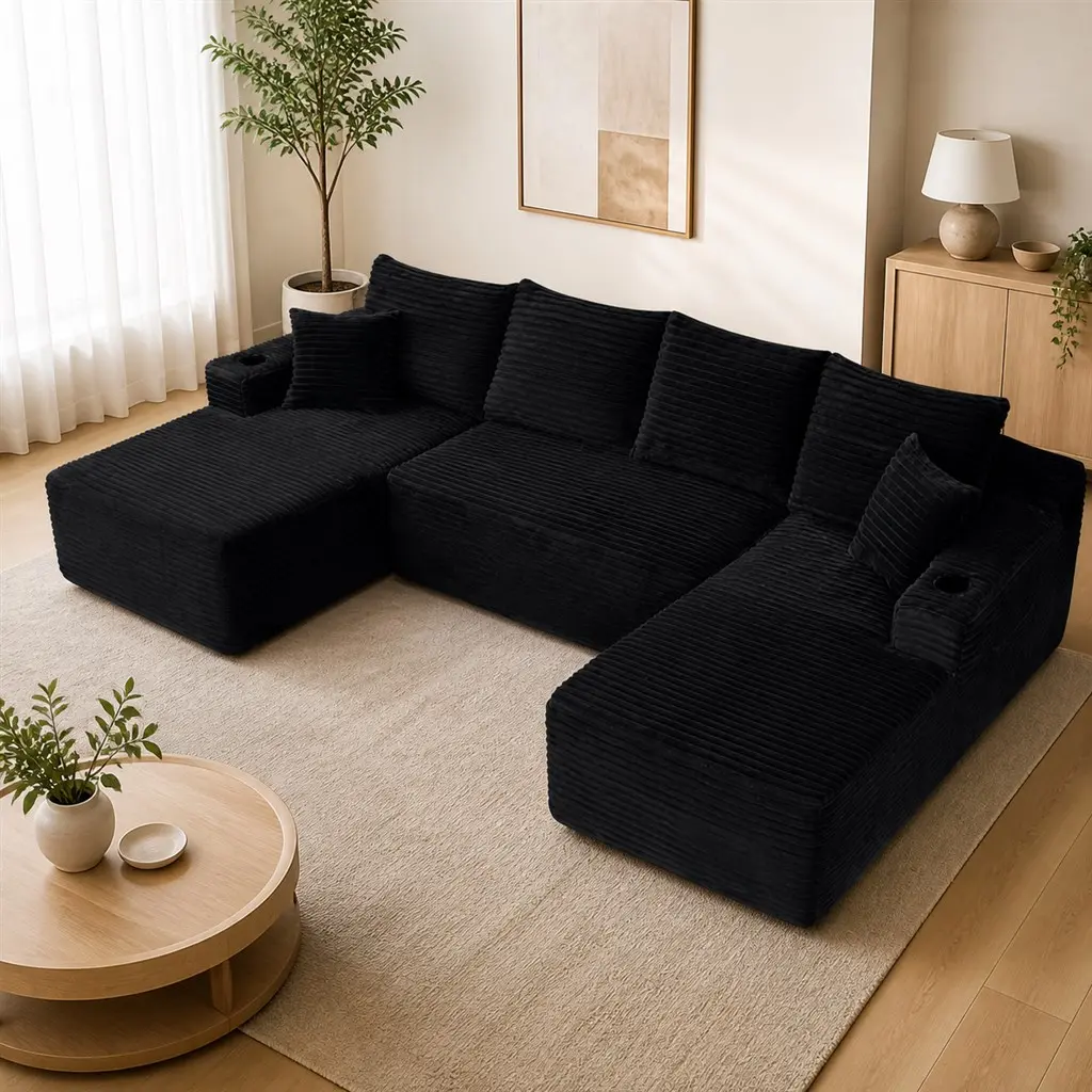 134 U-Shaped 5-Seat Modular Sectional Sofa - Black Ribbed Corduroy Upholstery, Boneless Cloud Design, 2 Storage Pockets, 2 Cup Holders, Deep Seating, No Assembly Required for Living Room