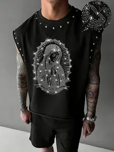 Men's Casual Short Fitted Tank Top, Saint Mary Sparkle Studs Graphic Design, Gym Workout Streetwear, Trendy and Comfortable, All Seasons