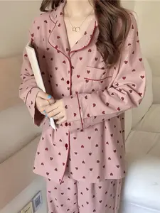 Sweet Peach Love Heart Print Collared Pajama Set | Notched Collar Long Sleeve Top with Contrast Trim & Elastic Waist Pants - Loose Casual Aesthetic Ins-Style Loungewear for Spring & Autumn