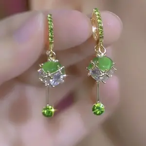 Shiny Green cat's eye stone zircon ball tassel earrings, DDES0237 fashionable and high-end micro-inlaid ear clasps, light luxury, face-slimming earrings, 14K gold-plated