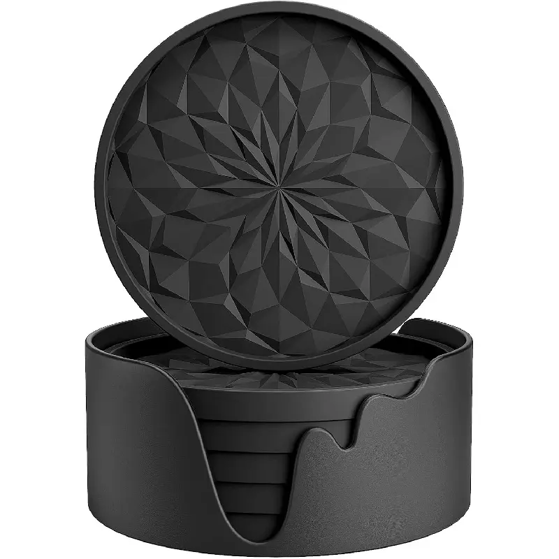 Silicone Coasters [6 Pack] Coasters with Holder - Drinking Coasters - Cup Mat for Drinks - Live for Hot or Cold Drink Thickened, Non-Slip, Non-Stick, Deep Tray Black